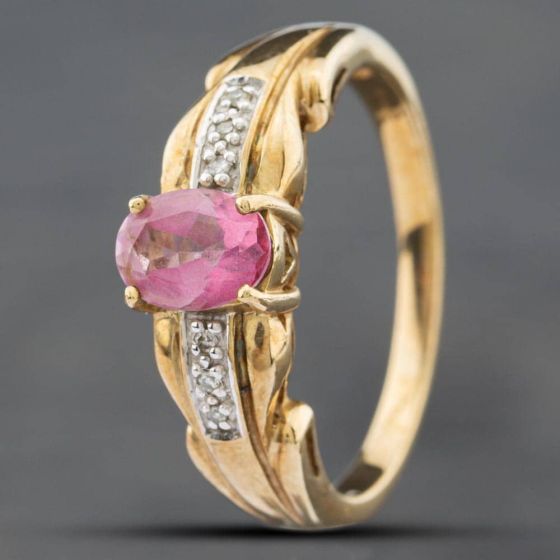 Second Hand 9ct Yellow Gold Pink Sapphire & Brilliant Cut Diamond Cluster Ring 41381205