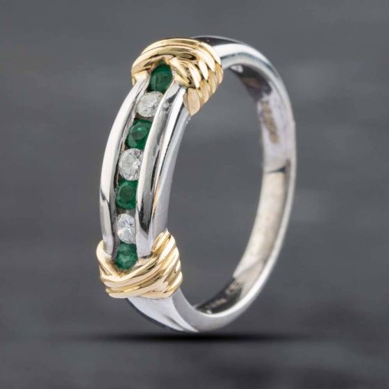 Second Hand 14ct Two Colour Gold Brilliant Cut Emerald & Diamond Half Eternity Ring 41381322