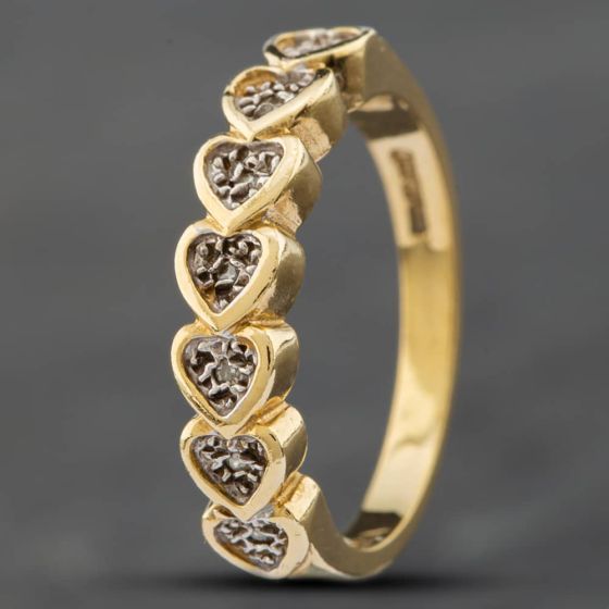 Second Hand 9ct Yellow Gold Single Cut Diamond Heart Shaped Half Eternity Seven Stone Ring 41381434
