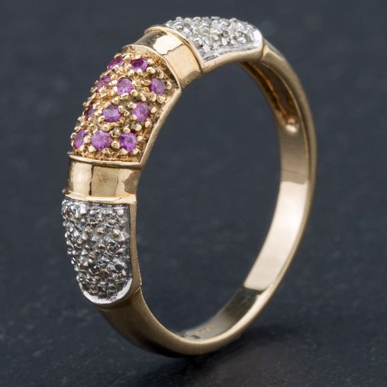 Second Hand 9ct Yellow Gold Brilliant Cut Diamond and Pink Sapphire Pave Style Fancy Ring 4138145