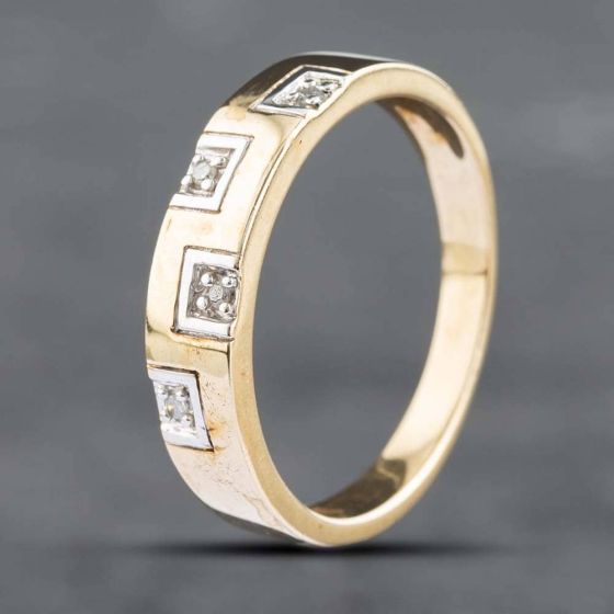 Second Hand 9ct Yellow Gold Single Cut Diamond Greek Key Ring 41381492