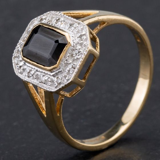 Second Hand 9ct Yellow Gold Emerald Cut Sapphire Diamond Cluster Ring 4138154