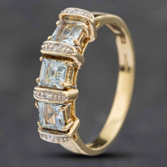 Second Hand 9ct Yellow Gold Asscher Cut Blue Topaz & Single Cut Diamond Ring 41381556