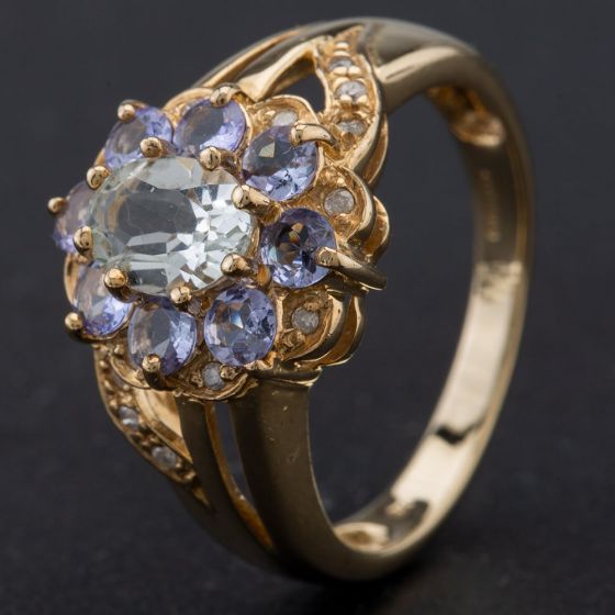 Second Hand 9ct Yellow Gold Oval White Topaz Tanzanite Diamond Set Swirl Ring 4138155