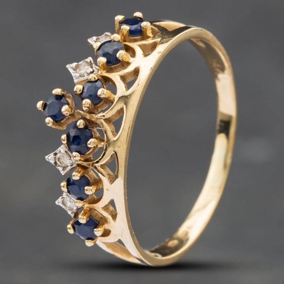 Second Hand 14ct Yellow Gold Sapphire & Diamond Crown Shaped Ring 41381649