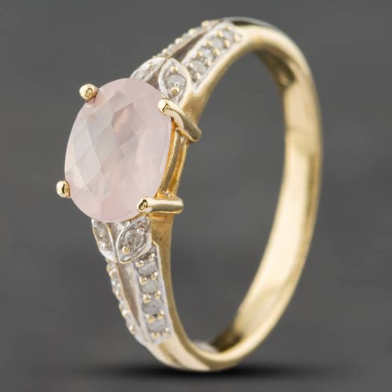 Second Hand 9ct Yellow Gold Oval Cut Rose Quartz & Diamond Set Shoulders Dress Ring 41381716