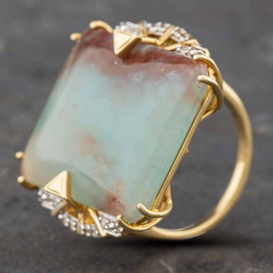 Second Hand 9ct Yellow Gold Aquaprase & Diamond Shoulders Oblong Dress Ring 41381774