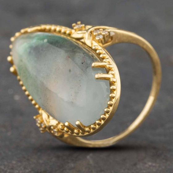 Second Hand 9ct Yellow Gold Aquaprase & Diamond Shoulders Pear Shape Dress Ring 41381775