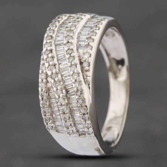 Second Hand 9ct White Gold Round & Baguette Cut Diamond Crossover Five Row Ring 41381783