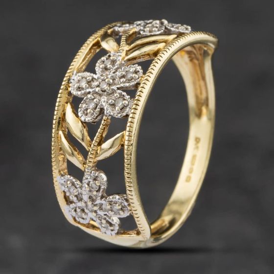 Second Hand 9ct Two Colour Gold Diamond Flower Dress Ring 41381851