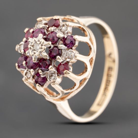 Second Hand 9ct Yellow Gold Ruby & Diamond Round Cluster Ring 41382608