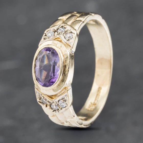 Second Hand 9ct Yellow Gold Amethyst & Diamond Patterned Shoulders Seven Stone Ring 41382640