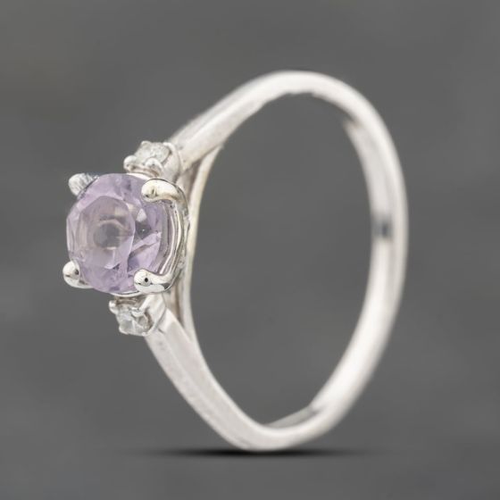 Second Hand 9ct White Gold Amethyst & Diamond Three Stone Ring 41382677