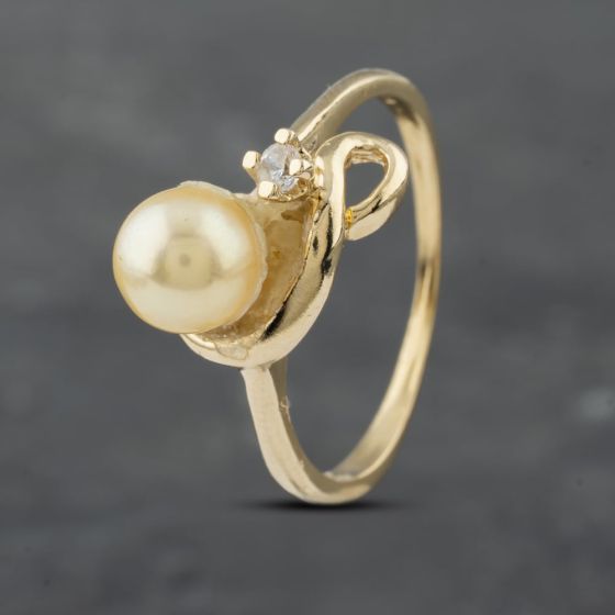 Second Hand 14ct Yellow Gold Cultured Pearl & Cubic Zirconia Swirl Two Stone Ring 41382707