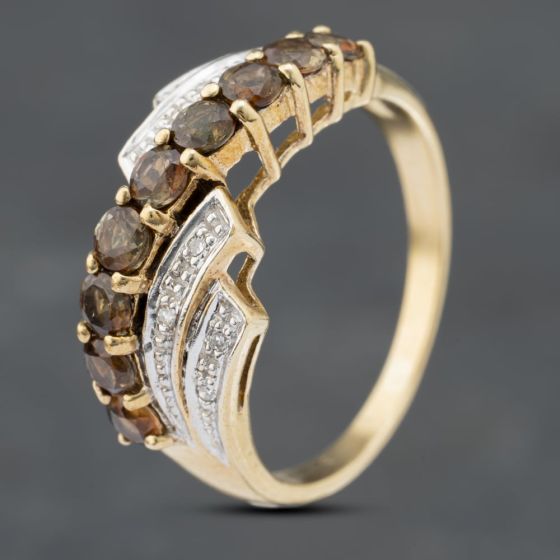 Second Hand 9ct Yellow Gold Smokey Quartz & Brilliant Cut Diamond Five Row Ring 41382708