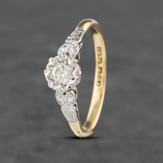 Second Hand Vintage Yellow Gold 0.20ct Brilliant Cut Diamond Patterned Shoulders Platinum Set Solitaire Ring 41382803
