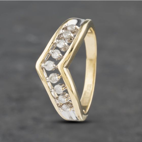 Second Hand 9ct Yellow Gold 0.25ct Brilliant Cut Diamond Nine Stone Half Wishbone Ring 41382820