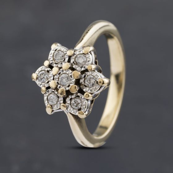 Second Hand 9ct Yellow Gold 0.20ct Brilliant Cut Diamond Flower Cluster Ring 41382854