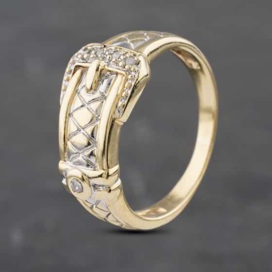 Second Hand 9ct Yellow Gold Diamond Patterned Buckle Ring 41382893