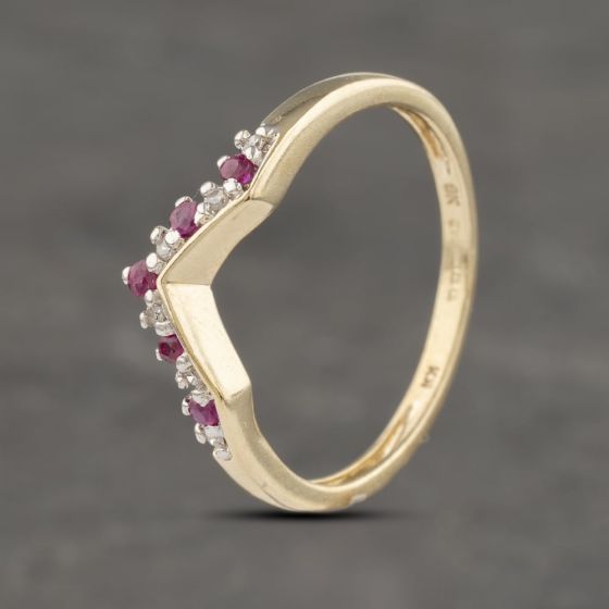 Second Hand 9ct Yellow Gold Ruby & Diamond Wishbone Ring 41382984