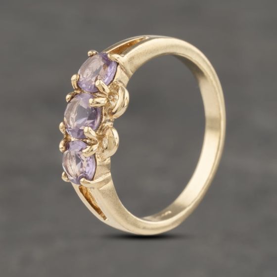 Second Hand 9ct Yellow Gold Amethyst Openwork Shoulders Three Stone Ring 41382999