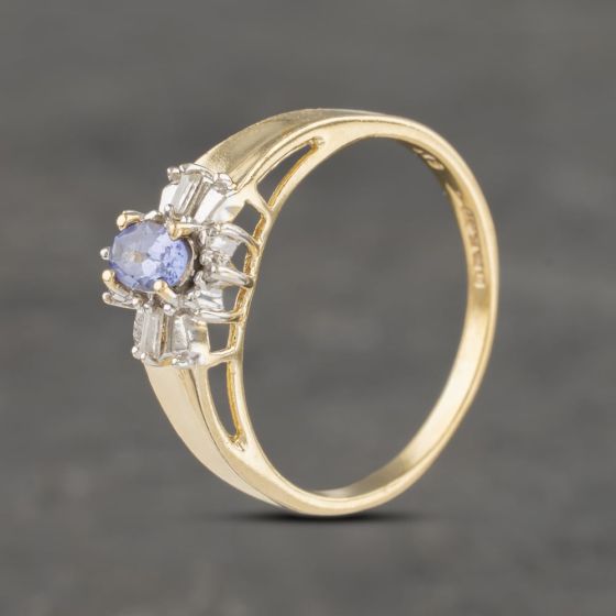 Second Hand 9ct Yellow Gold Tanzanite & 0.05ct Diamond Cluster Ring 41383010
