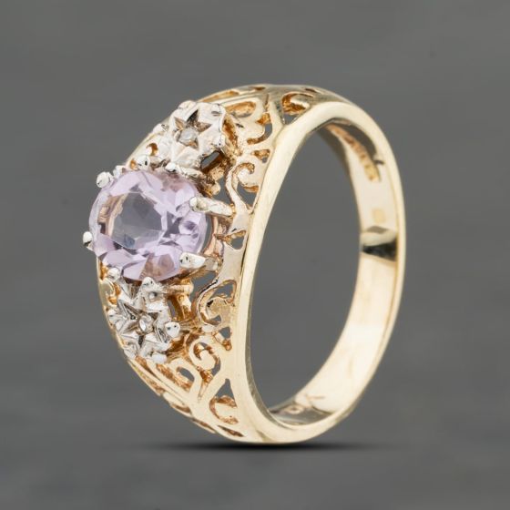 Second Hand 9ct Yellow Gold Amethyst & Diamond Three Stone Ring 41383012