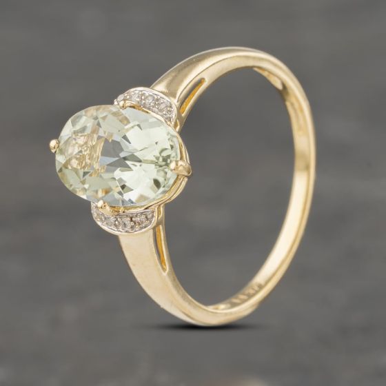 Second Hand 9ct Yellow Gold Prasiolite Green Amethyst & 0.04ct Diamond Oval Dress Ring 41383014
