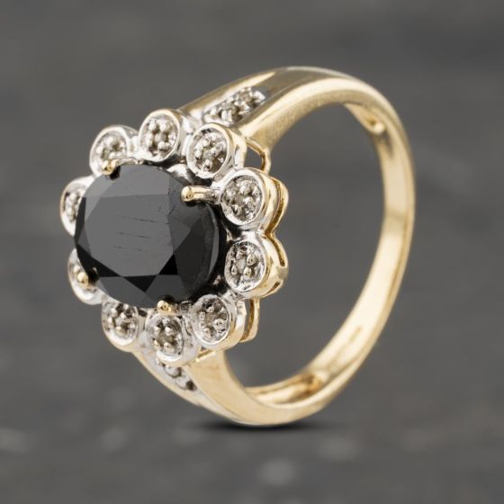 Second Hand 9ct Two Colour Gold Black Tourmaline & 0.05ct Diamond Oval Cluster Ring 41383037