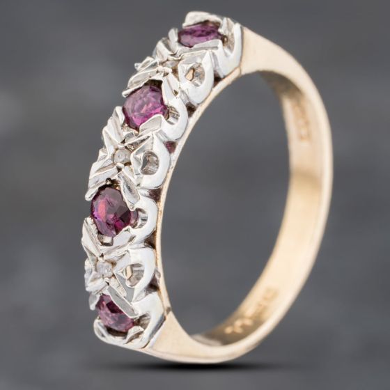 Second Hand 9ct Yellow Gold Ruby & 0.03ct Diamond Half Eternity Ring 41383077