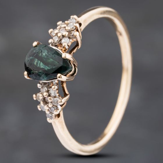 Second Hand 9ct Yellow Gold Green Tourmaline & Diamond Dress Ring 41383087