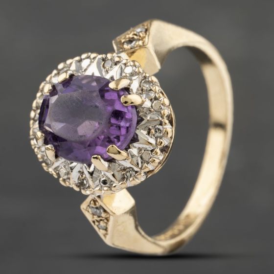 Second Hand 9ct Yellow Gold Amethyst & 0.08ct Diamond Oval Cluster Ring 41383137