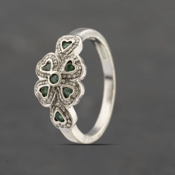 Second Hand 9ct White Gold Emerald & 0.14ct Diamond Four Leaf Clover Cluster Ring 41383278