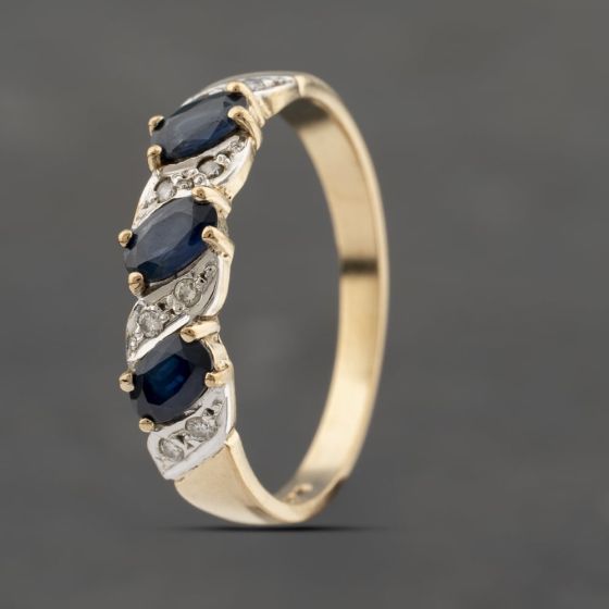 Second Hand 9ct Yellow Gold Sapphire & 0.08ct Diamond Half Eternity Ring 41383284