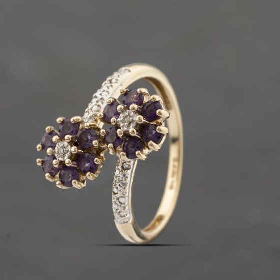 Second Hand 9ct Yellow Gold Amethyst & 0.01ct Diamond Double Cross Over Cluster Ring 41383291