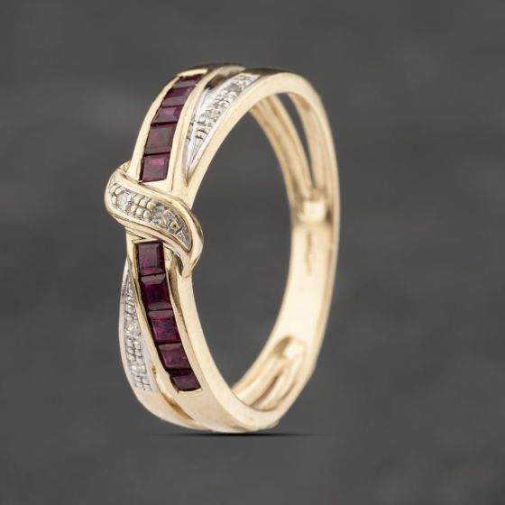 Second Hand 9ct Yellow Gold Ruby & Diamond Crossover Ring 41383292
