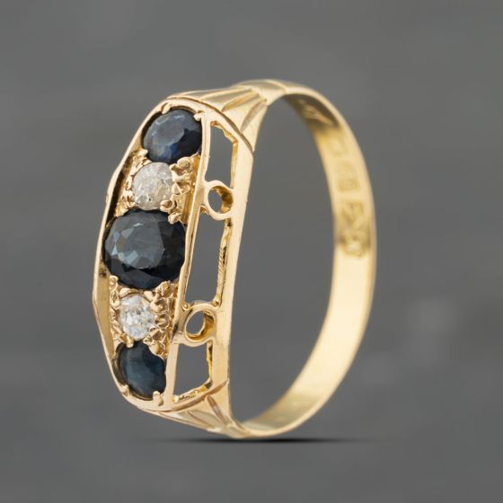 Second Hand Antique 18ct Yellow Gold Sapphire & 0.20ct Diamond Five Stone Ring 41383360