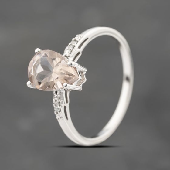 Second Hand 9ct White Gold Morganite & 0.25ct Brilliant Cut Diamond Pear Shaped Dress Ring 41383396