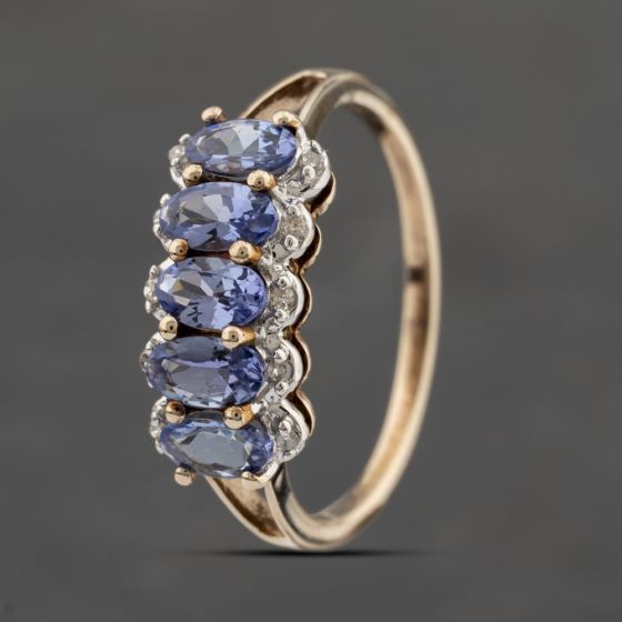 Second Hand 9ct Yellow Gold Tanzanite & Brilliant Cut Diamond Dress Ring 41383404