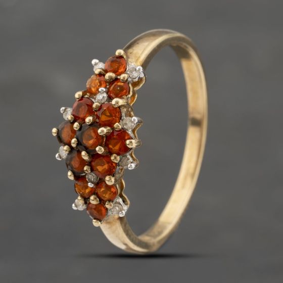 Second Hand 9ct Yellow Gold Garnet & 0.10ct Brilliant Cut Diamond Cluster Ring 41383422