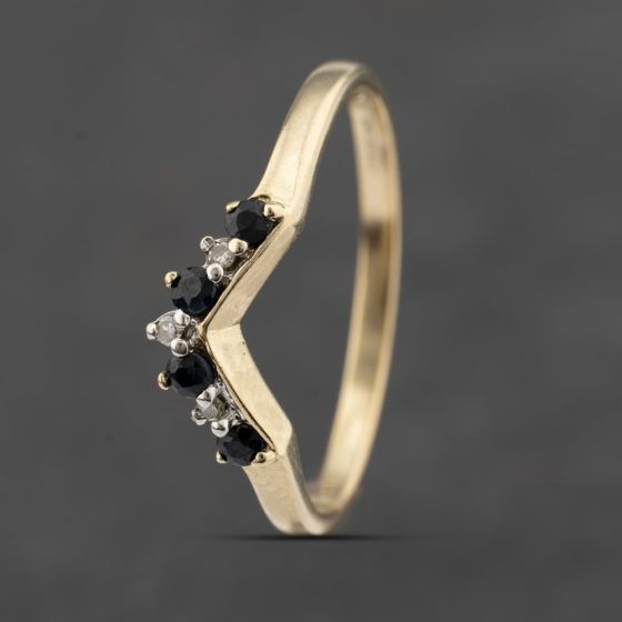 Second Hand 9ct Yellow Gold Sapphire & Diamond Half Wishbone Ring 41383464