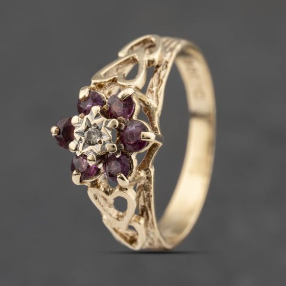 Second Hand 9ct Yellow Gold Ruby & Diamond Cluster Ring 41383474