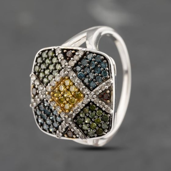 Second Hand 9ct White Gold Multi Colour Diamonds Multi Stone Cluster Ring 41383480