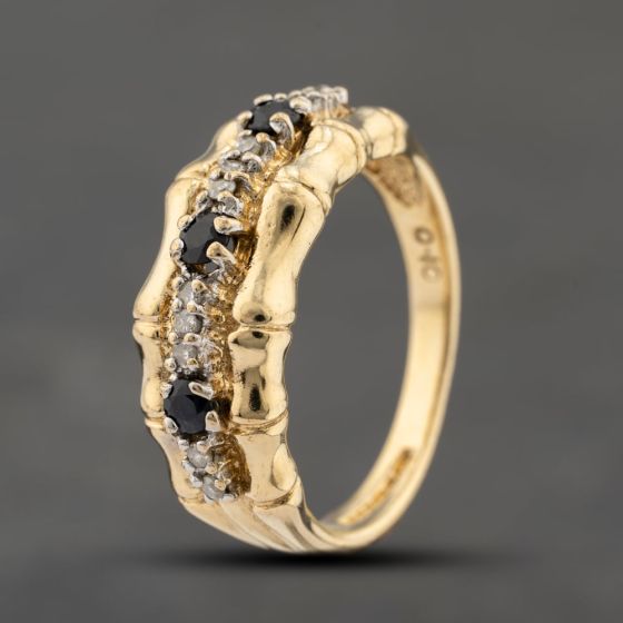 Second Hand 9ct Yellow Gold Sapphire & 0.10ct Diamond Bamboo Design Half Eternity Ring 41383493