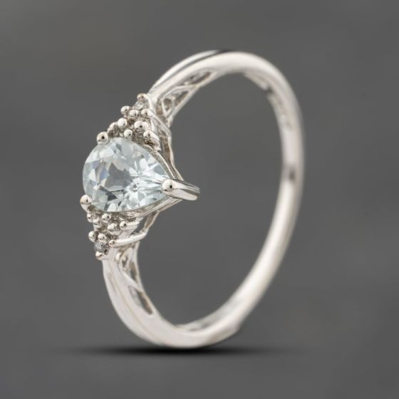Second Hand 9ct White Gold Aquamarine & 0.02ct Diamond Pear Shaped Dress Ring 41383502