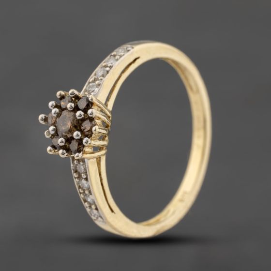Second Hand 9ct Yellow Gold Cognac Diamond & Brilliant Cut Diamond Flower Cluster Ring 41383529