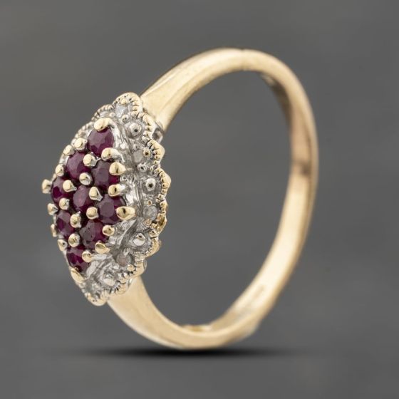 Second Hand 9ct Yellow Gold Ruby & 0.08ct Diamond Cluster Ring 41383543