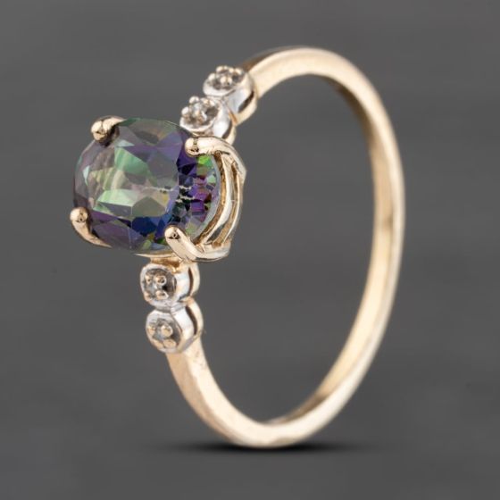 Second Hand 9ct Yellow Gold Mystic Topaz & Diamond Dress Ring 41383548