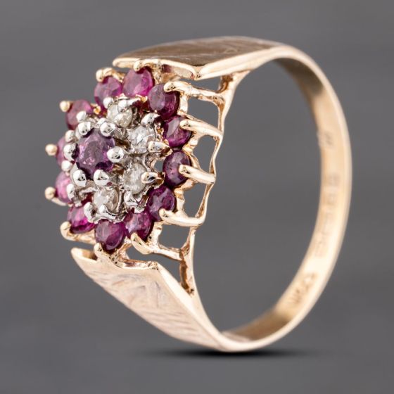 Second Hand 9ct Yellow Gold Ruby & 0.12ct Brilliant Cut Diamond Flower Cluster Ring 41383574