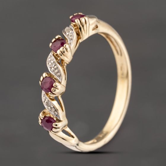 Second Hand 9ct Yellow Gold Ruby & Diamond Twist Half Eternity Ring 41383576